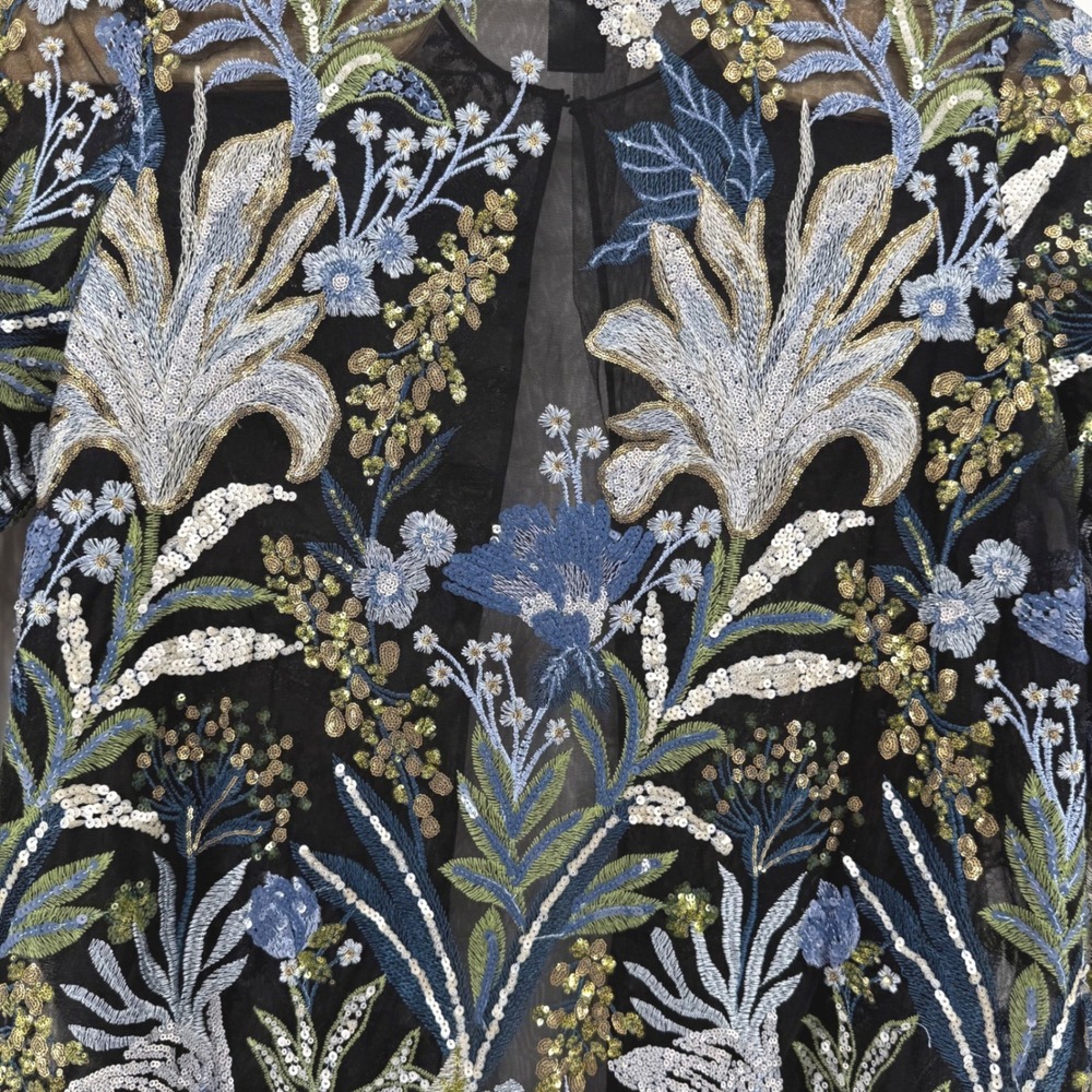 Chicos Floral Embroidered Sequin Mesh Open Front Topper Jacket Black Multi XL 3 - Picture 8 of 10